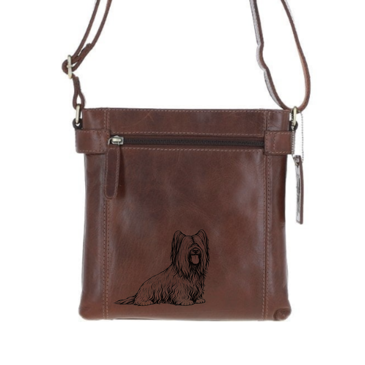 Skye Terrier Sitting Engraved Leather Two Section Zip Top Crossbody Bag