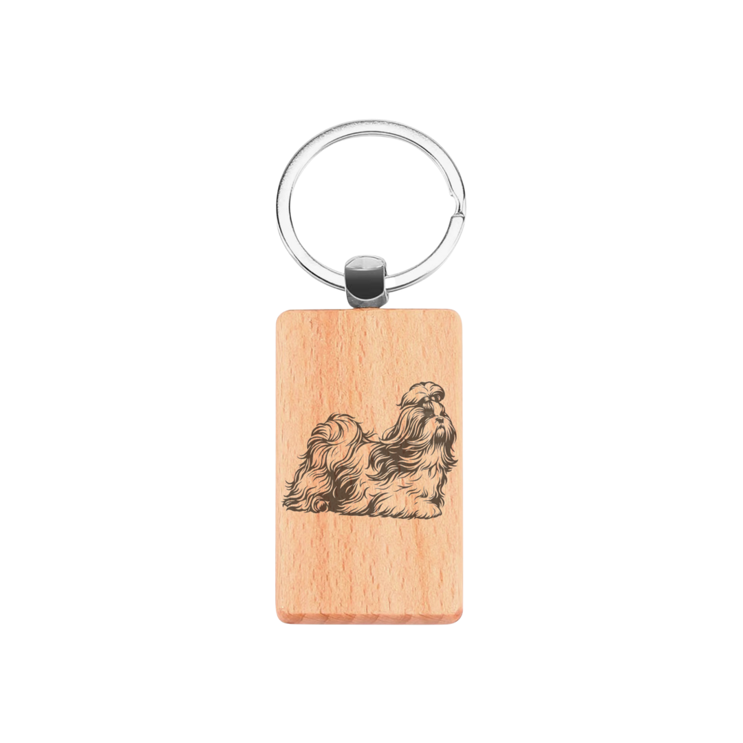Shih Tzu Running Engraved Rectangle Wooden Keyring