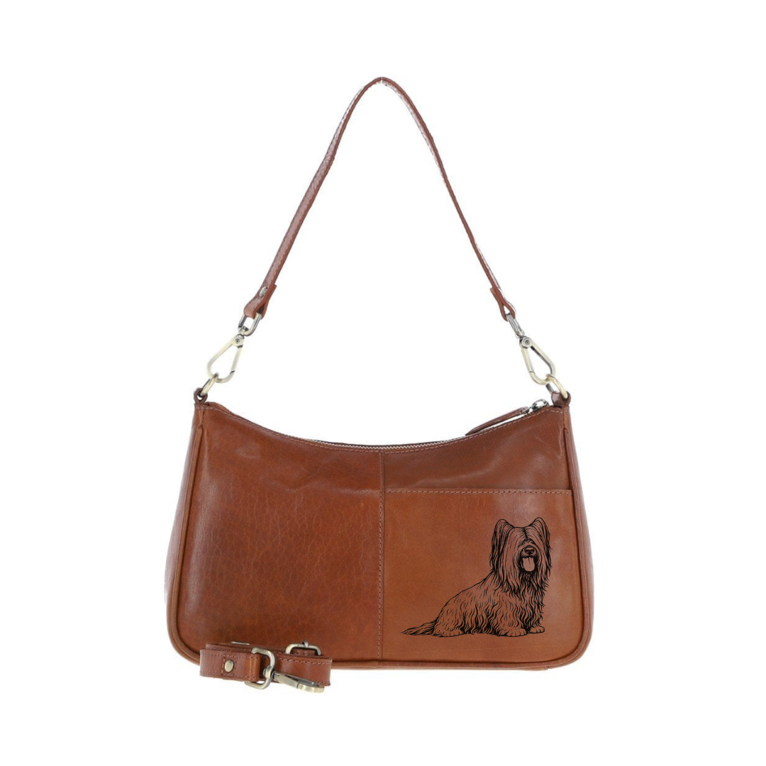 Skye Terrier Sitting Engraved Genuine Leather Shoulder Bag