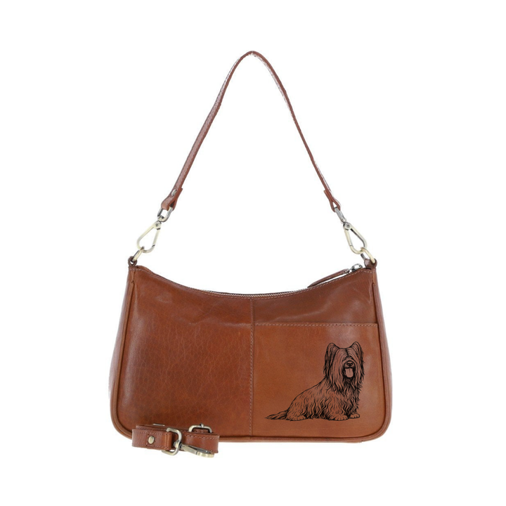 Skye Terrier Sitting Engraved Genuine Leather Shoulder Bag