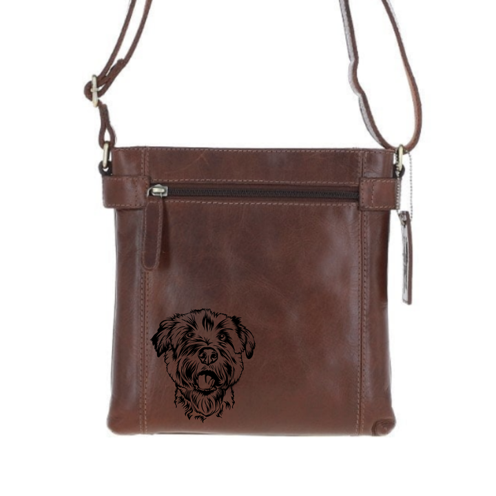 Glen of Imaal Terrier Face Engraved Leather Two Section Zip Top Crossbody Bag