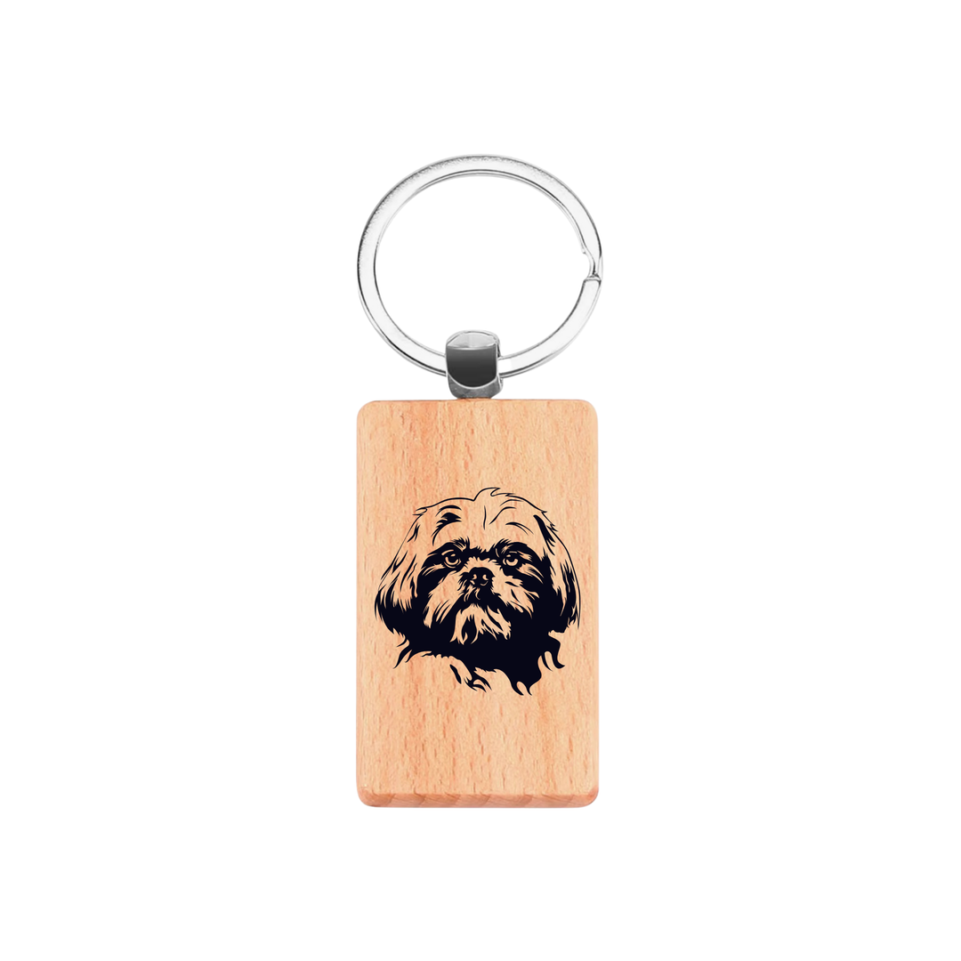 Shih Tzu Face Engraved Rectangle Wooden Keyring
