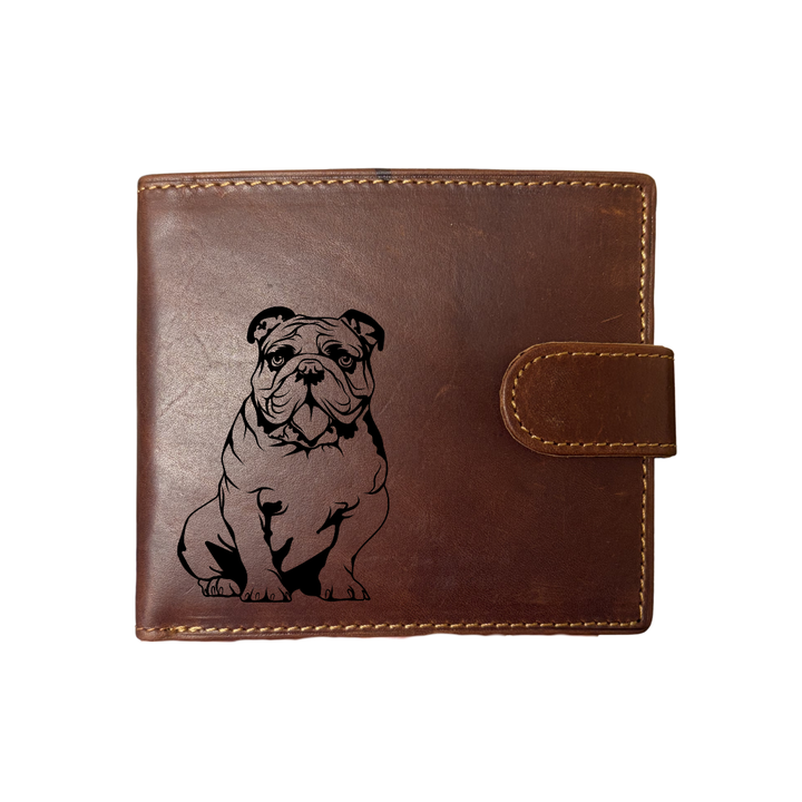 Personalised British Bulldog Sitting Engraved Dark Tan Genuine Leather Wallet