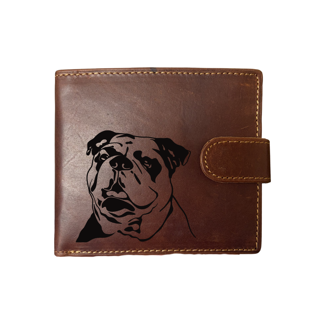 Personalised British Bulldog Face Engraved Dark Tan Genuine Leather Wallet
