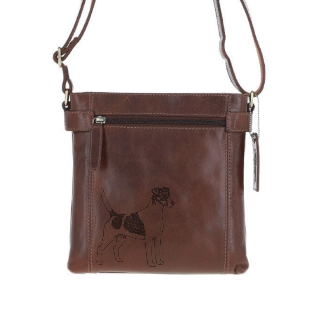 Smooth Fox Terrier D Standing Engraved Leather Two Section Zip Top Crossbody Bag
