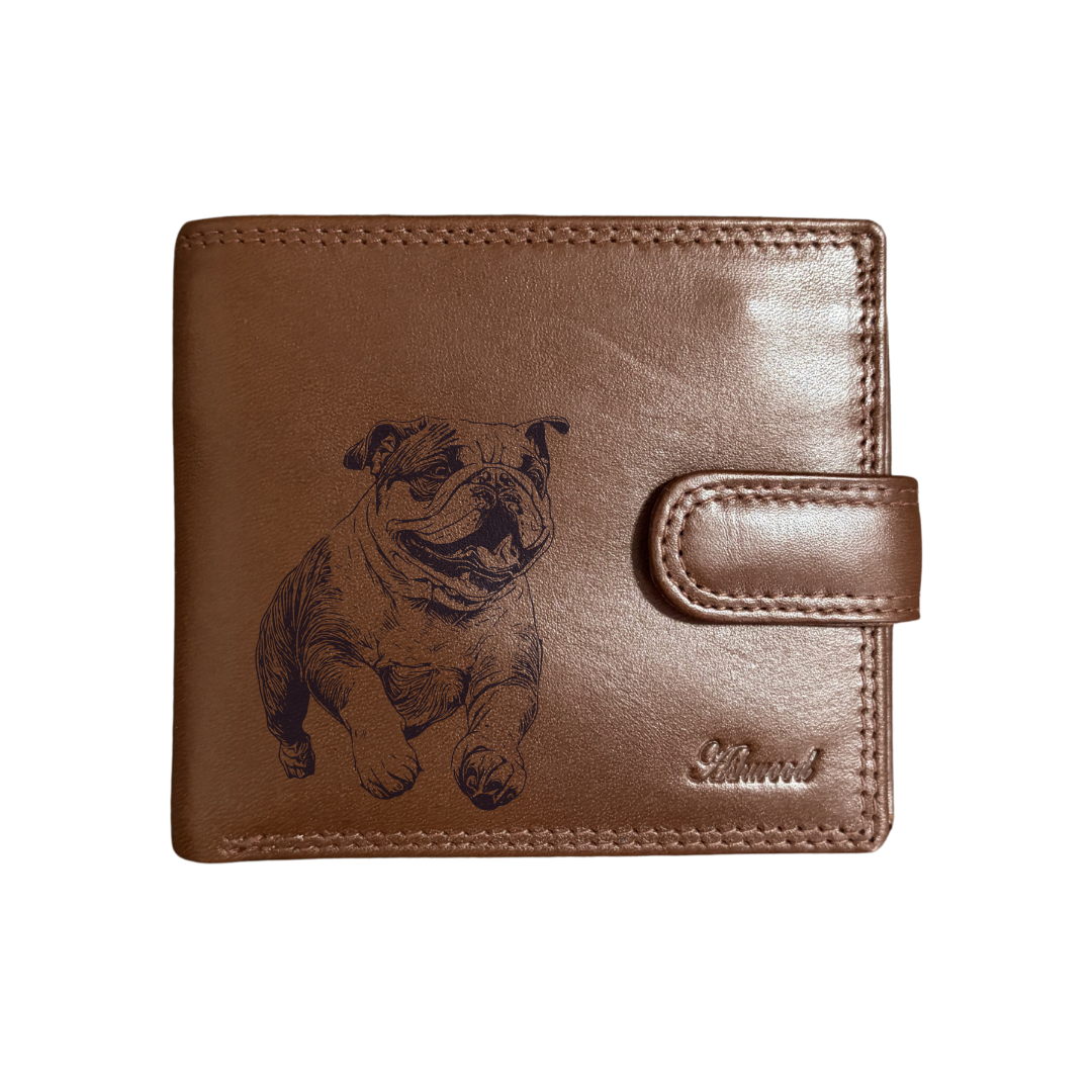 Personalised British Bulldog Running Engraved Dark Tan Genuine Leather Wallet