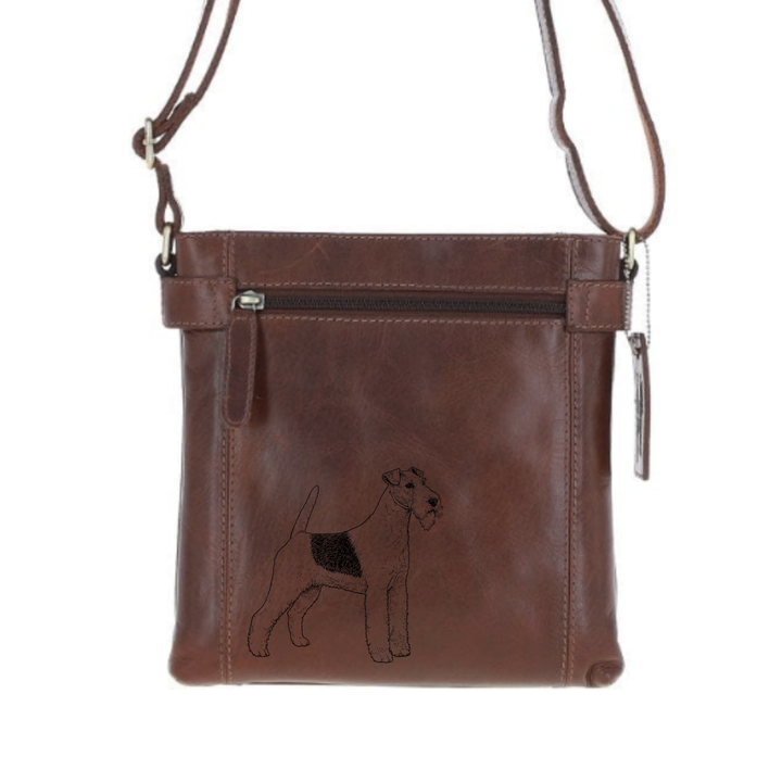 Wire Fox Terrier Standing Engraved Leather Two Section Zip Top Crossbody Bag