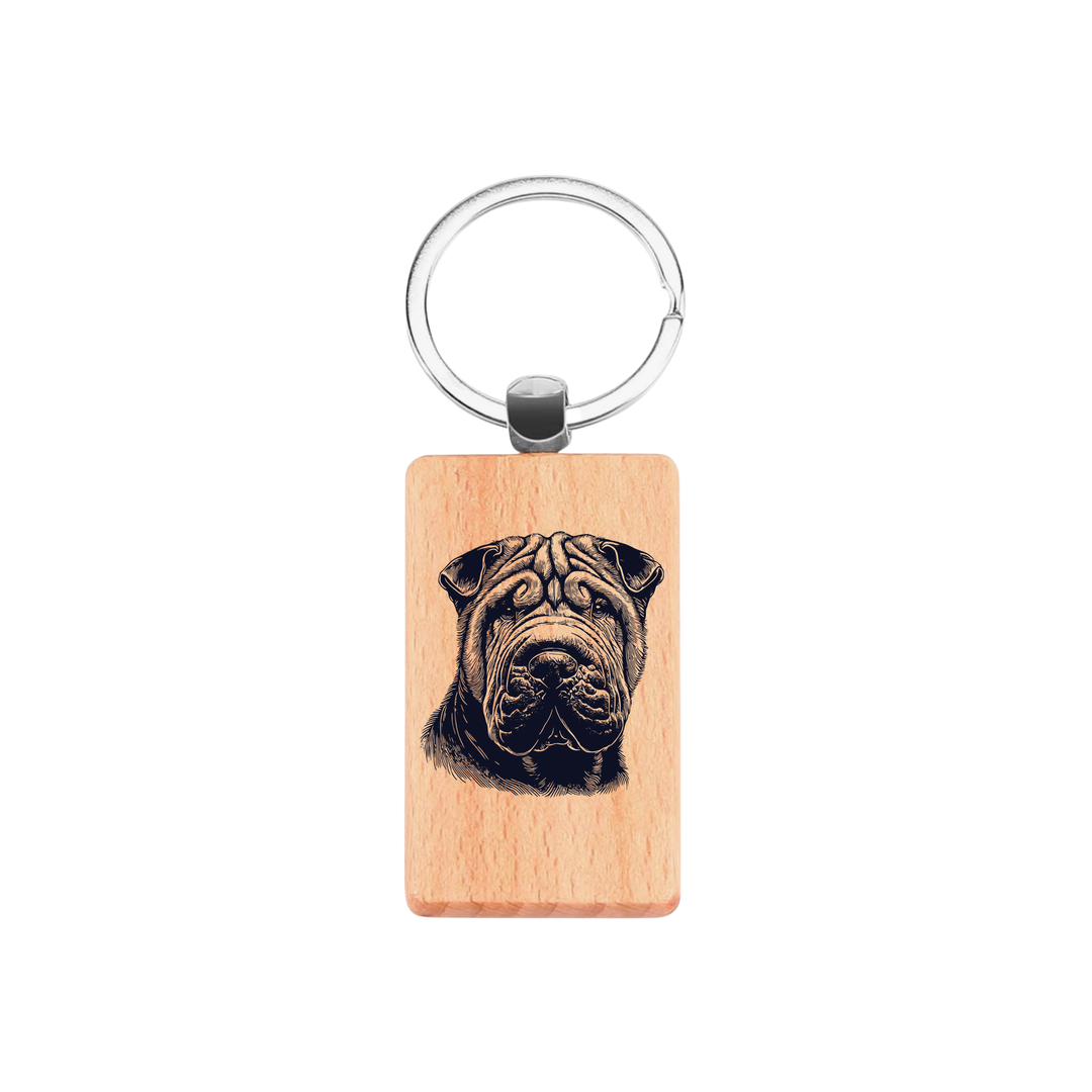 Shar Pei Face Engraved Rectangle Wooden Keyring