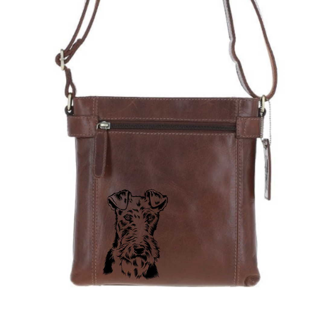 Wire Fox Terrier Face Engraved Leather Two Section Zip Top Crossbody Bag