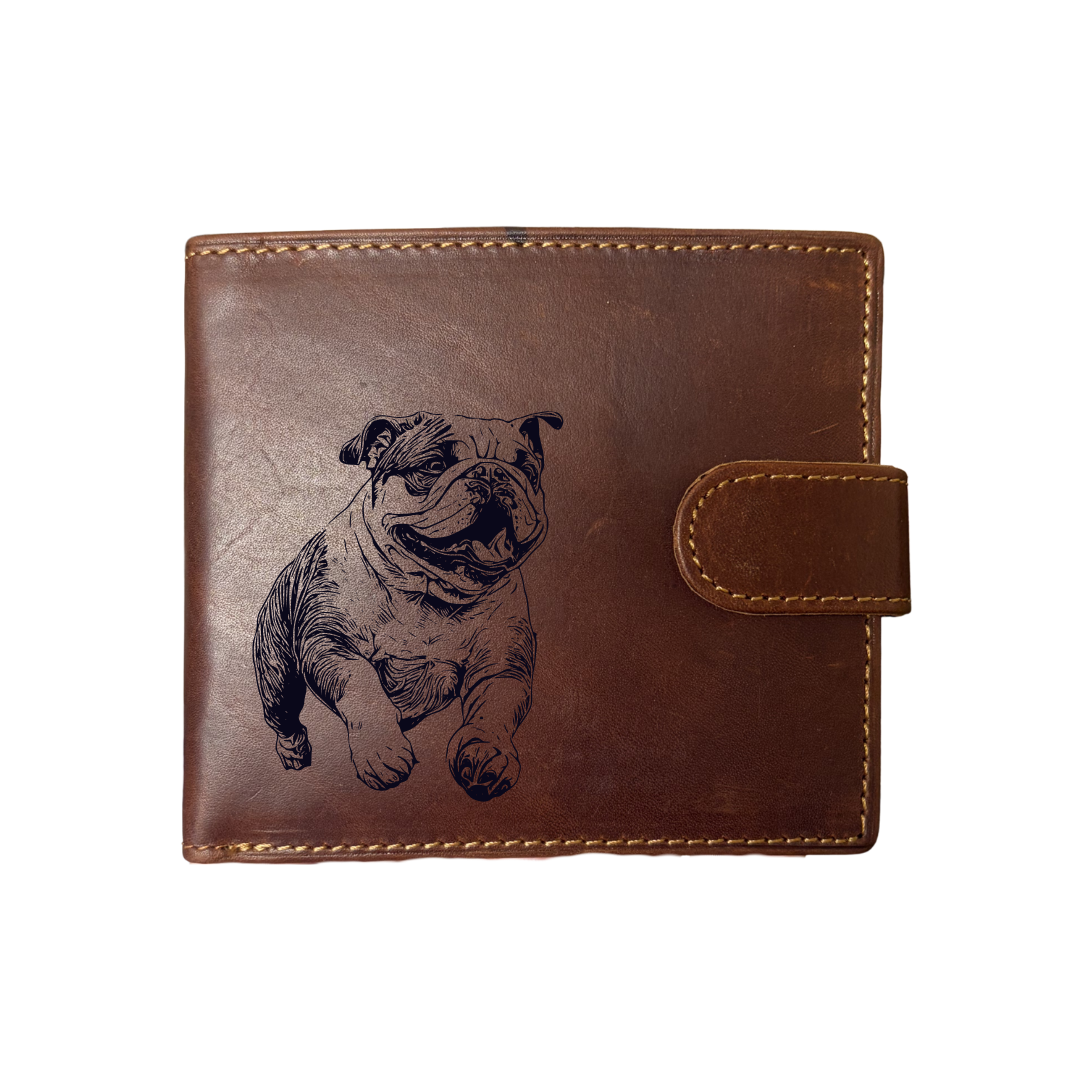 Personalised British Bulldog Running Engraved Dark Tan Genuine Leather Wallet