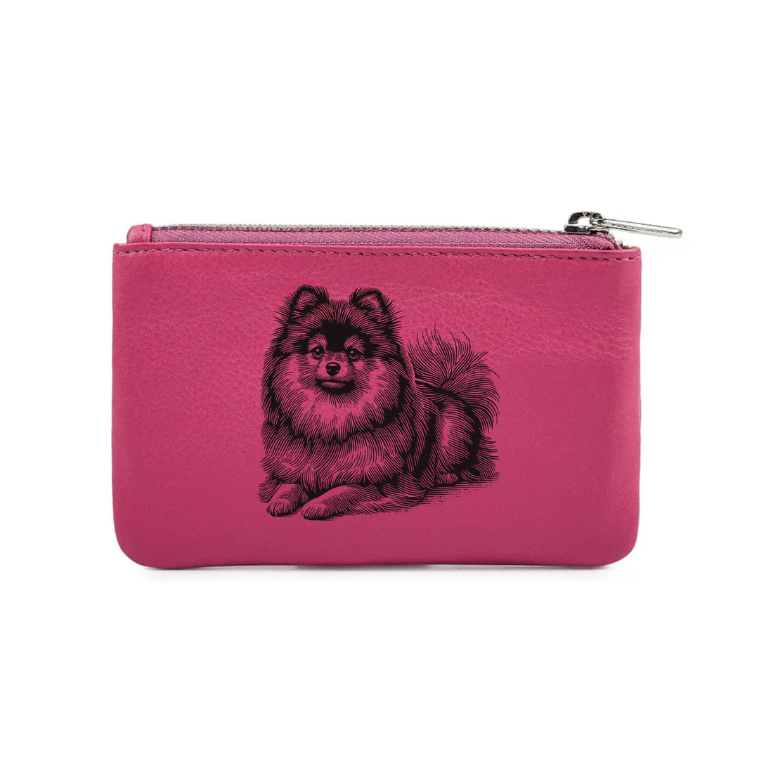 Pomeranian Lying Down Engraved Genuine Leather Coin Purse (Multiple Colour Options)