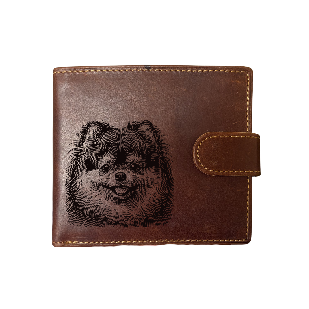 Personalised Pomeranian Face Engraved Dark Tan Genuine Leather Wallet