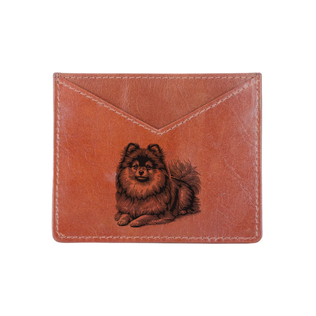 Pomeranian Lying Down Engraved Genuine Leather Cardholder