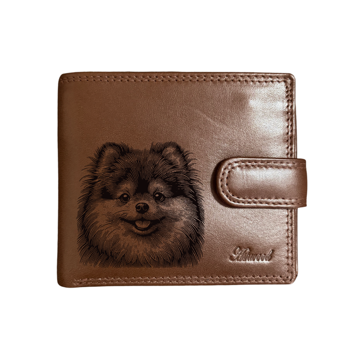 Personalised Pomeranian Face Engraved Dark Tan Genuine Leather Wallet