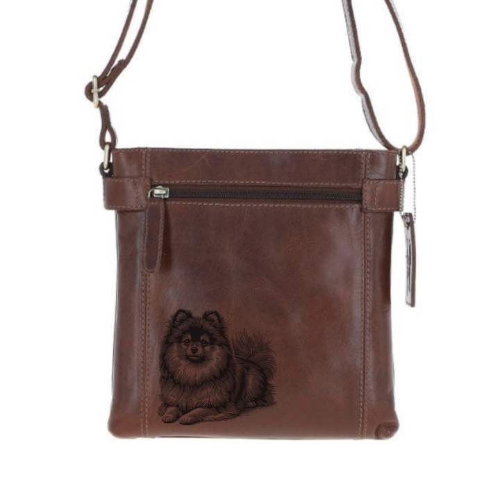 Pomeranian Lying Down Engraved Leather Two Section Zip Top Crossbody Bag