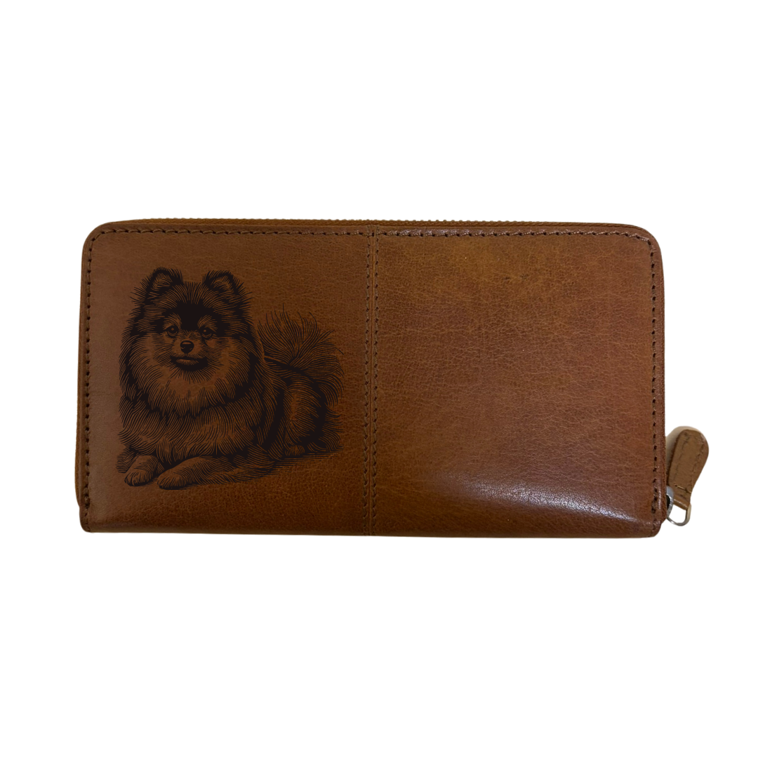 Pomeranian Lying Down Engraved Large Leather Purse