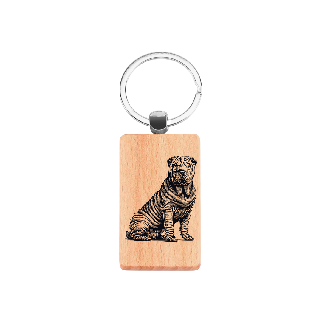 Shar Pei Sitting Engraved Rectangle Wooden Keyring