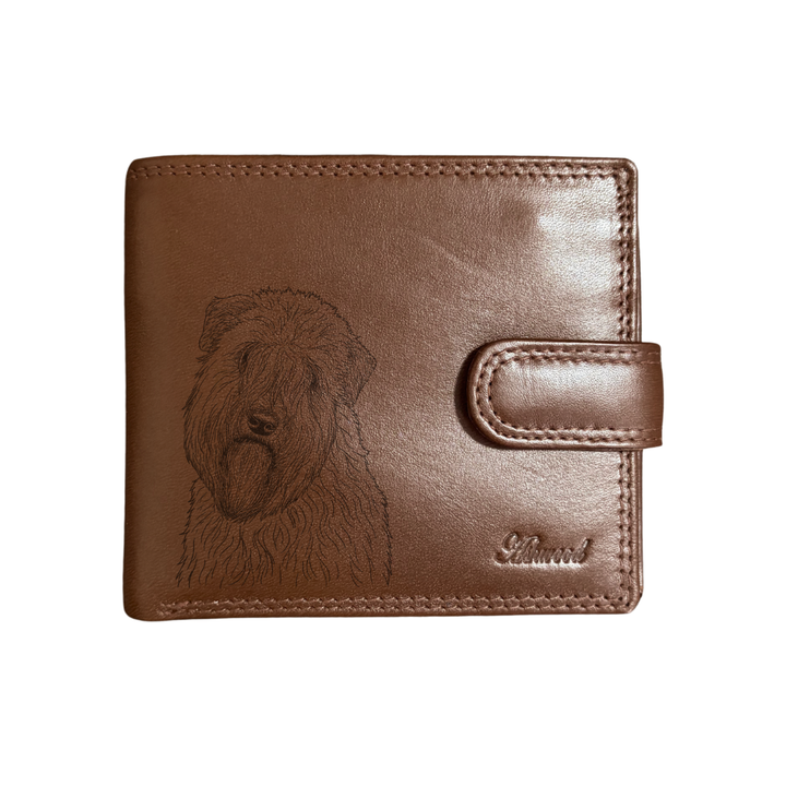 Personalised Soft Coated Wheaten Terrier Face Engraved Dark Tan Genuine Leather Wallet