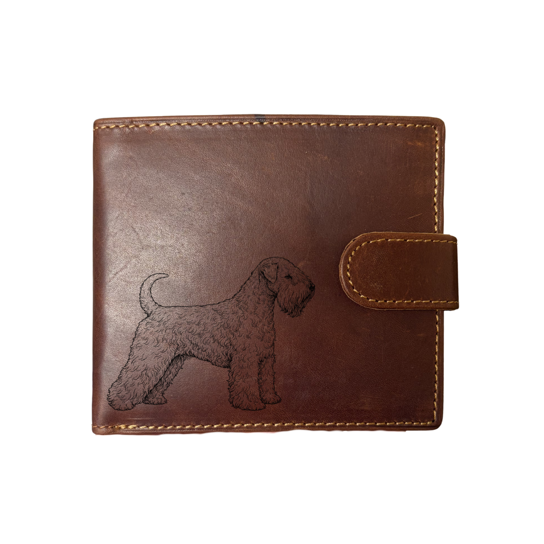 Personalised Soft Coated Wheaten Terrier Standing Engraved Dark Tan Genuine Leather Wallet