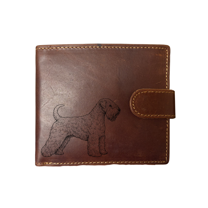 Personalised Soft Coated Wheaten Terrier Standing Engraved Dark Tan Genuine Leather Wallet
