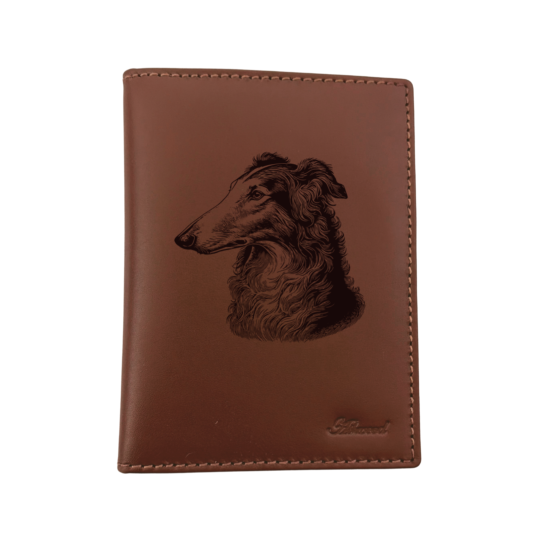 Borzoi Face Engraved Leather Passport Cover