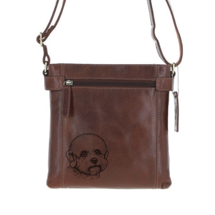 Dandie Dinmont Terrier Face Engraved Leather Two Section Zip Top Crossbody Bag