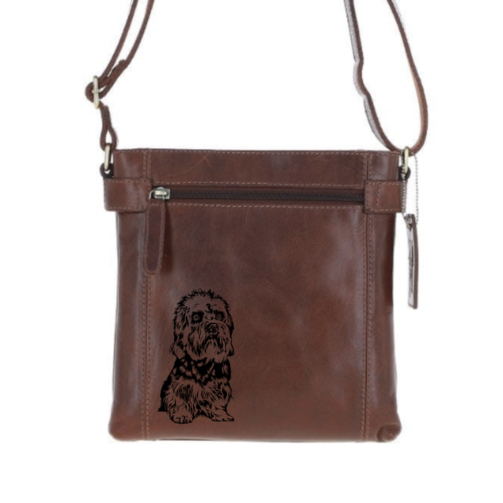 Dandie Dinmont Terrier Sitting Engraved Leather Two Section Zip Top Crossbody Bag