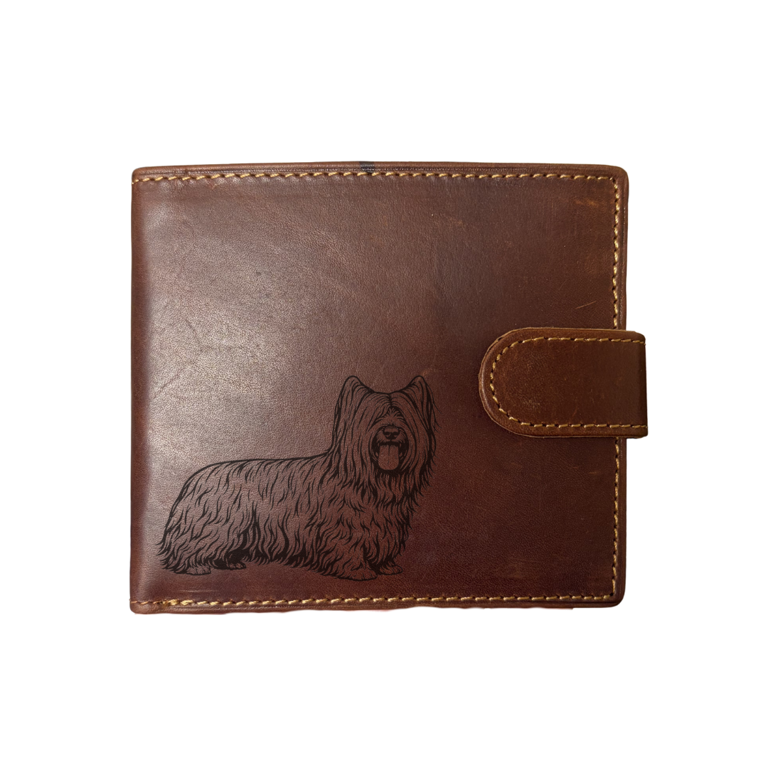 Personalised Skye Terrier Standing Engraved Dark Tan Genuine Leather Wallet