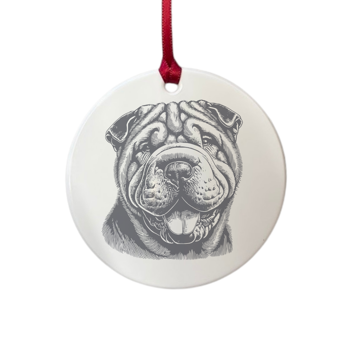 Personalised Shar Pei Smiling Face Engraved White Acrylic Decoration