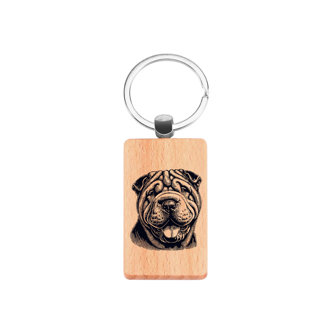 Shar Pei Smiling Face Engraved Rectangle Wooden Keyring