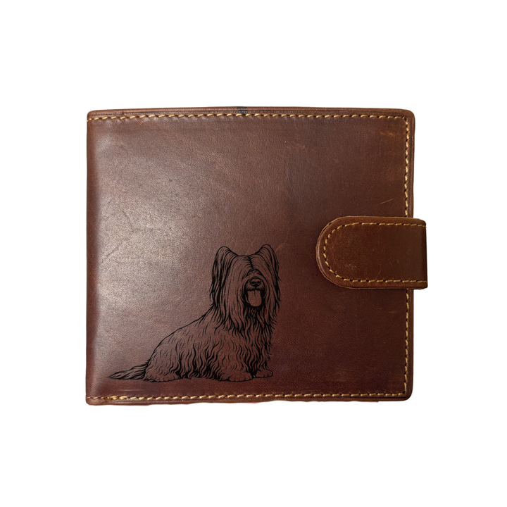 Personalised Skye Terrier Sitting Engraved Dark Tan Genuine Leather Wallet