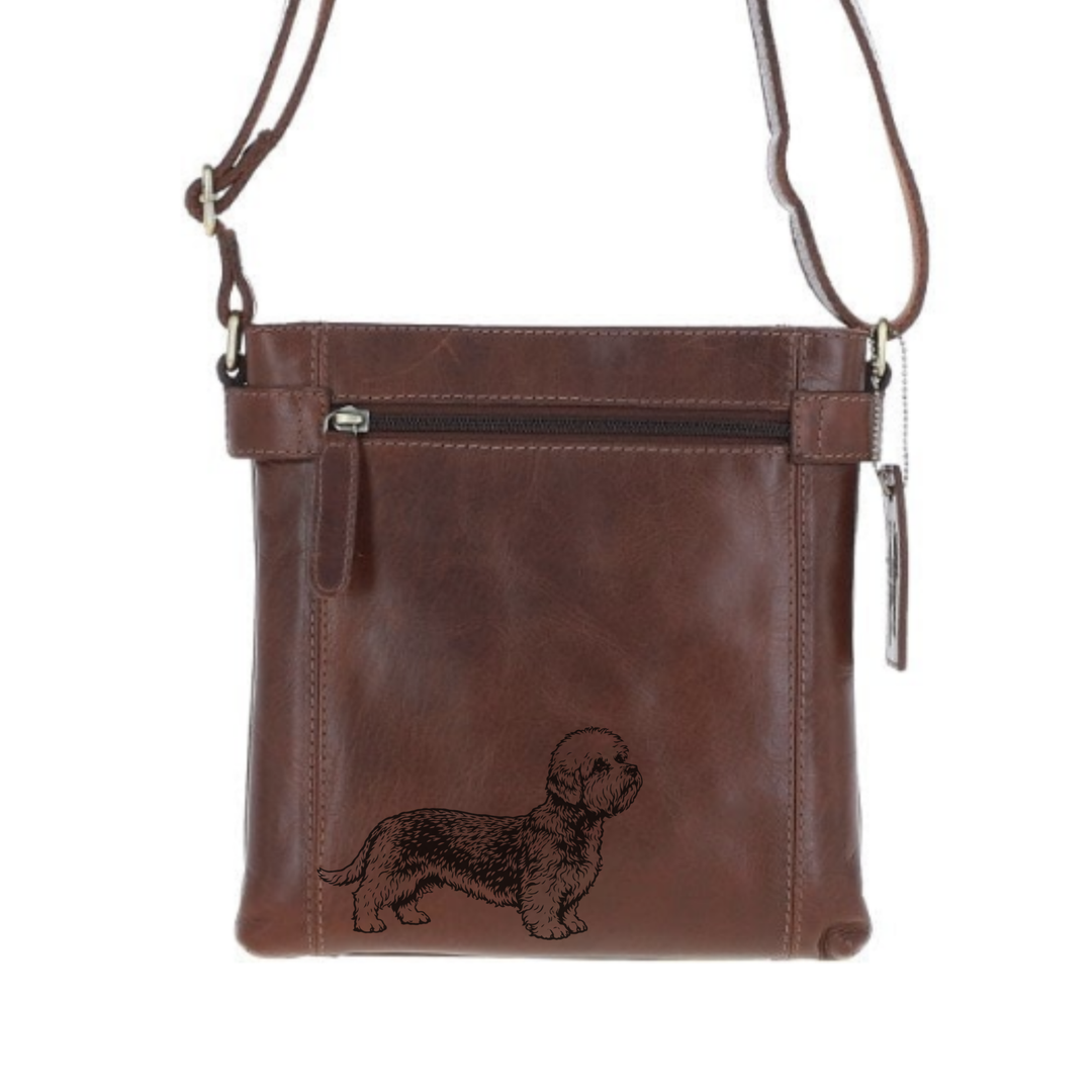 Dandie Dinmont Terrier Standing Engraved Leather Two Section Zip Top Crossbody Bag