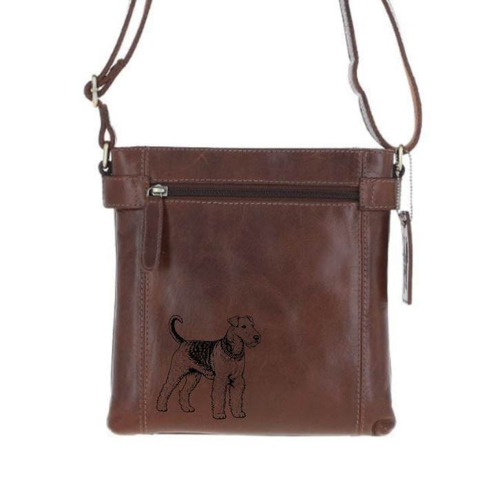 Airedale Terrier Standing Engraved Leather Two Section Zip Top Crossbody Bag