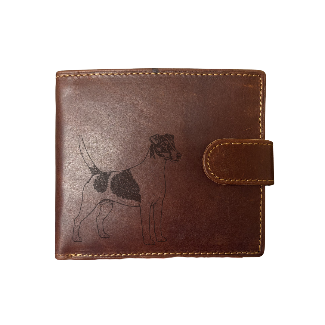 Personalised D Smooth Fox Terrier Standing Engraved Dark Tan Genuine Leather Wallet