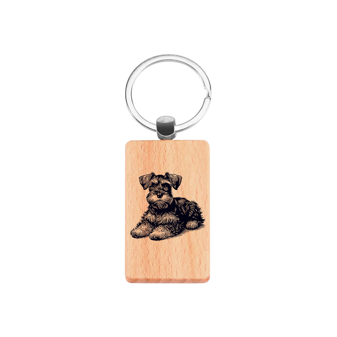 Miniature Schnauzer Lying Down Engraved Rectangle Wooden Keyring