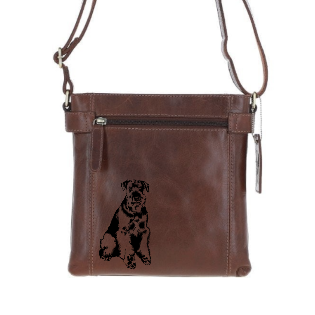 Airedale Terrier Sitting Engraved Leather Two Section Zip Top Crossbody Bag