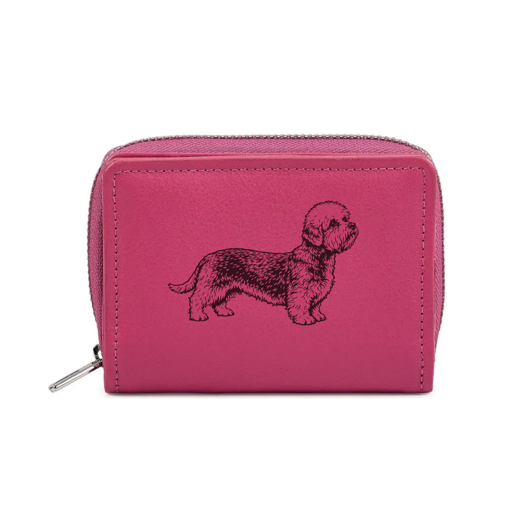 Dandie Dinmont Terrier Standing Engraved Small Leather Purse (Green/Pink/Blue/Red)
