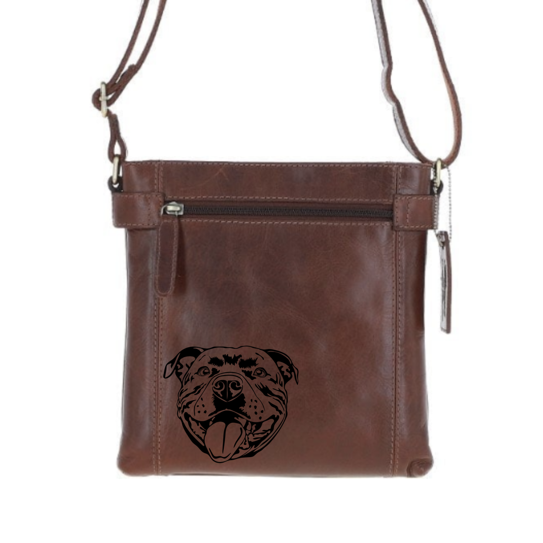 Staffordshire Bull Terrier Smiling Face Engraved Leather Two Section Zip Top Crossbody Bag