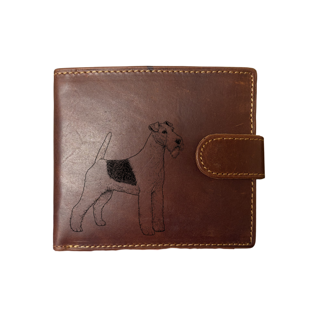 Personalised Wire Fox Terrier Standing Engraved Dark Tan Genuine Leather Wallet
