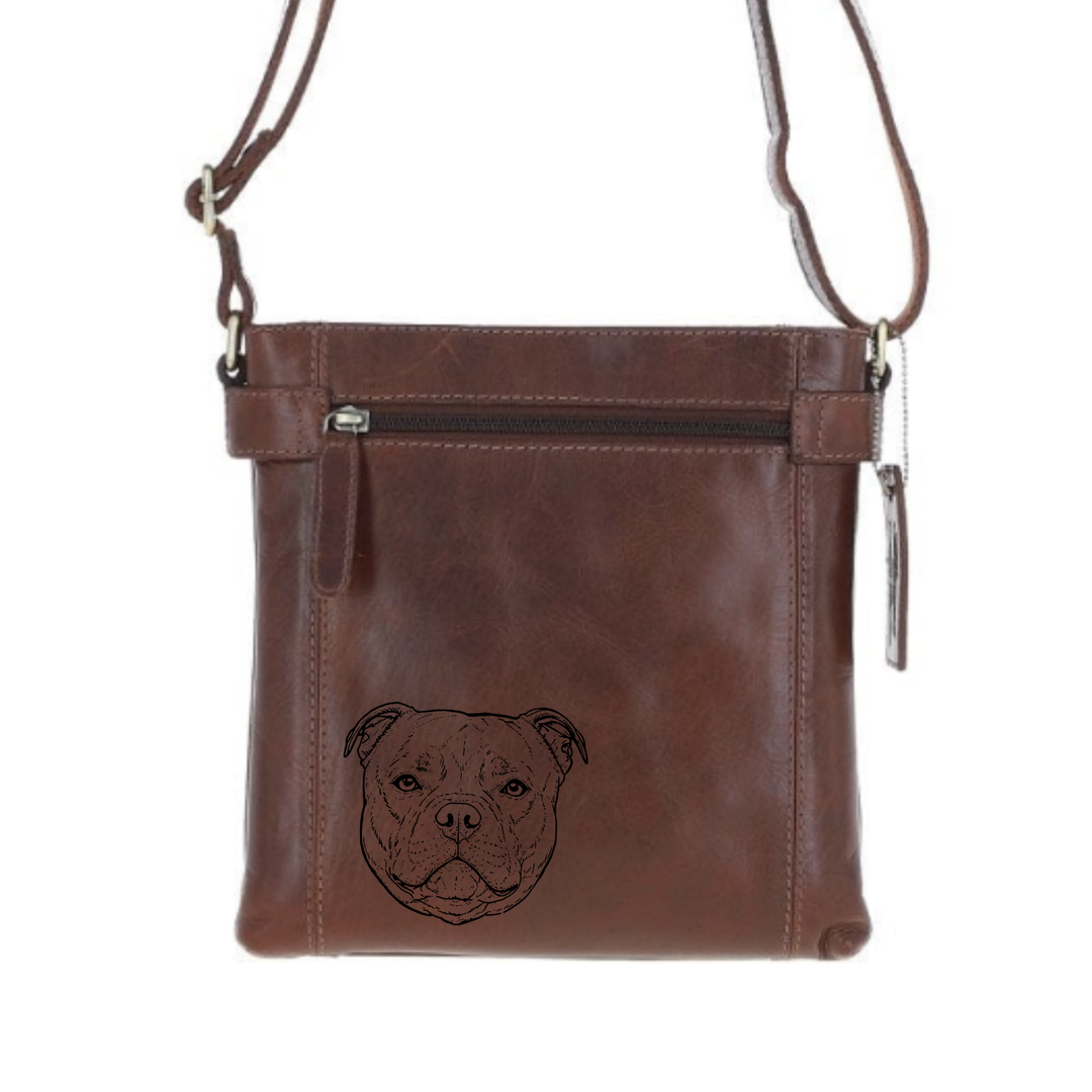 Staffordshire Bull Terrier Face Engraved Leather Two Section Zip Top Crossbody Bag