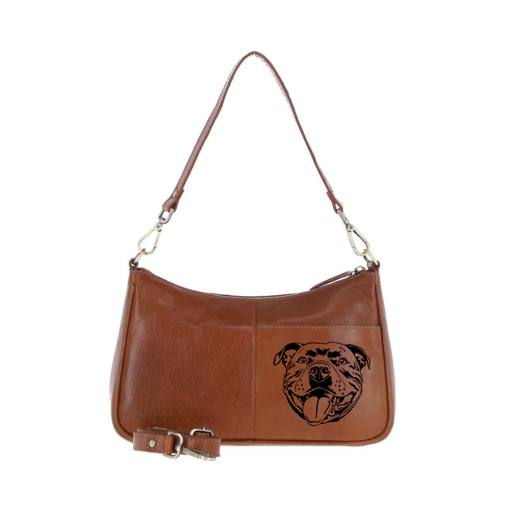 Staffordshire Bull Terrier Smiling Face Engraved Genuine Leather Shoulder Bag