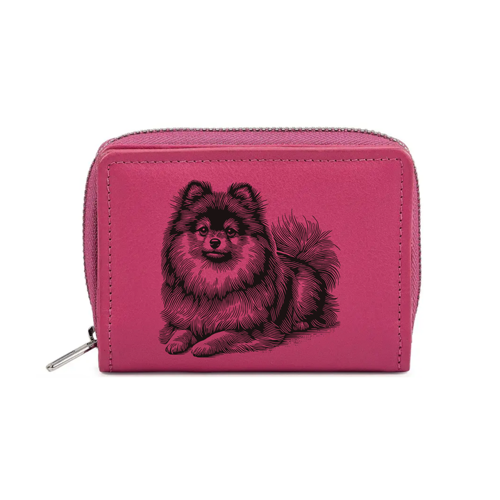 Pomeranian Lying Down Engraved Small Leather Purse (Green/Pink/Blue/Red)