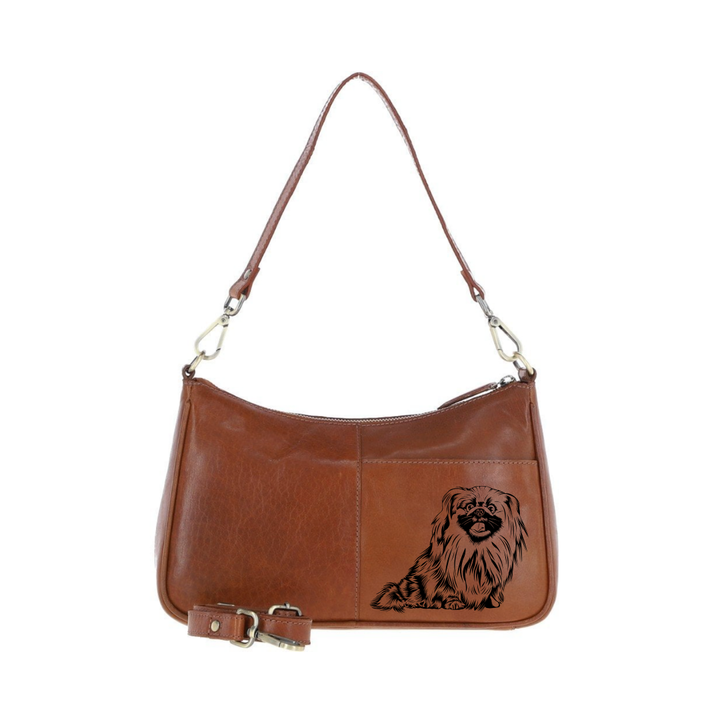 Pekingese Engraved Genuine Leather Shoulder Bag