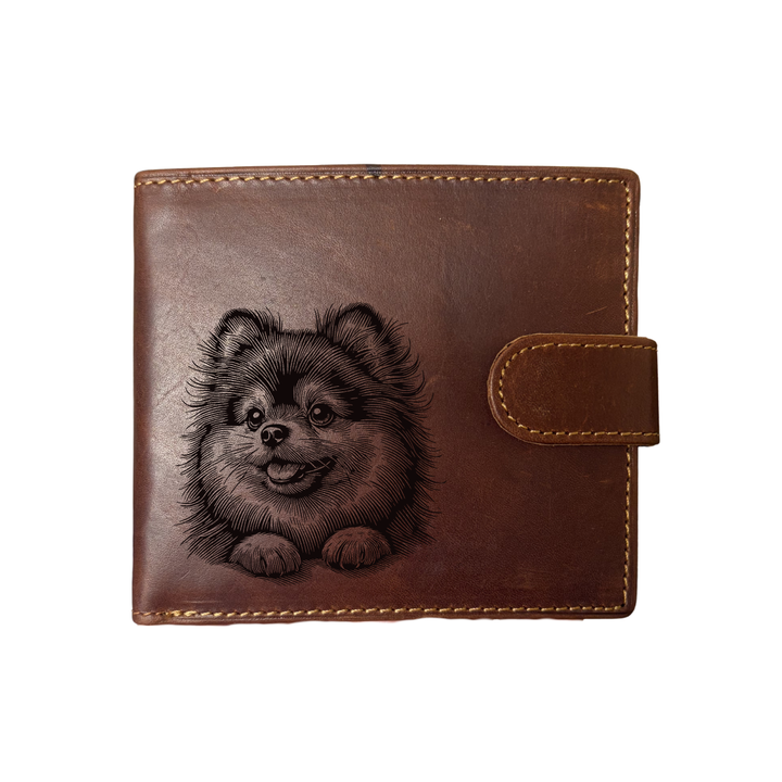 Personalised Pomeranian Paws Engraved Dark Tan Genuine Leather Wallet