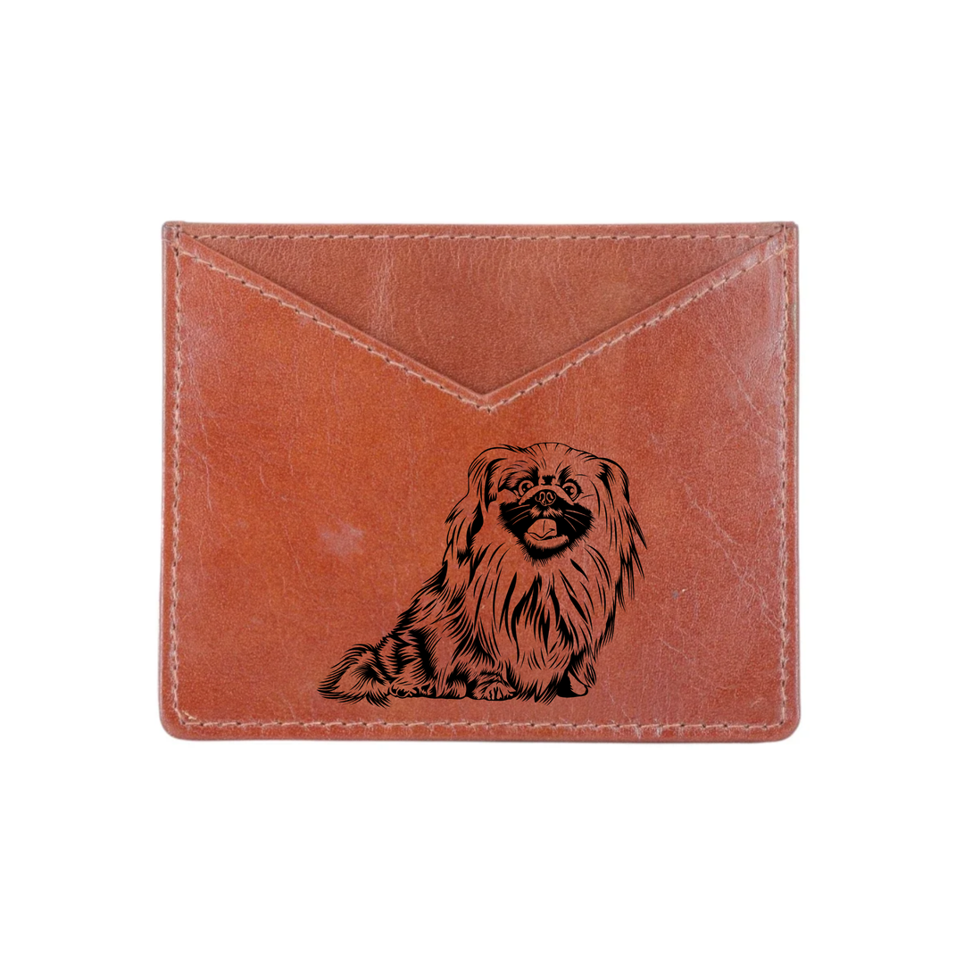 Pekingese Sitting Engraved Genuine Leather Cardholder