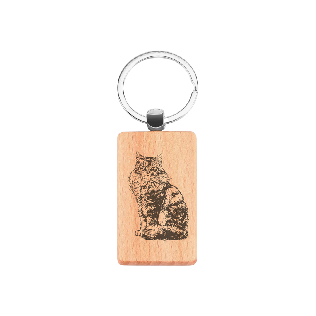 Longhair Tabby Cat Sitting Engraved Rectangle Wooden Keyring
