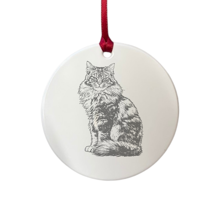 Personalised Longhair Tabby Cat Sitting Engraved White Acrylic Decoration