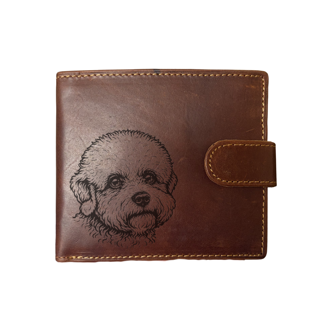 Personalised Dandie Dinmont Terrier Face Engraved Dark Tan Genuine Leather Wallet