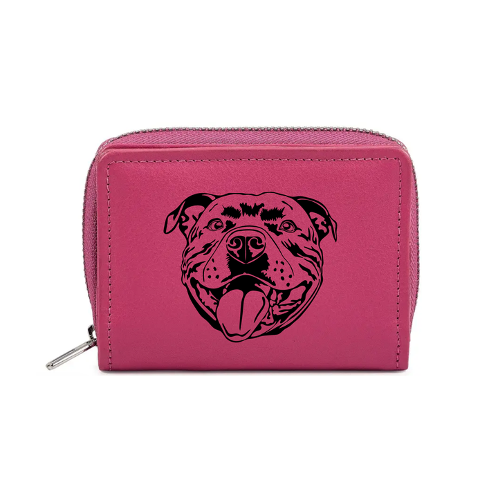 Staffordshire Bull Terrier Smiling Face Engraved Small Leather Purse (Green/Pink/Blue/Red)