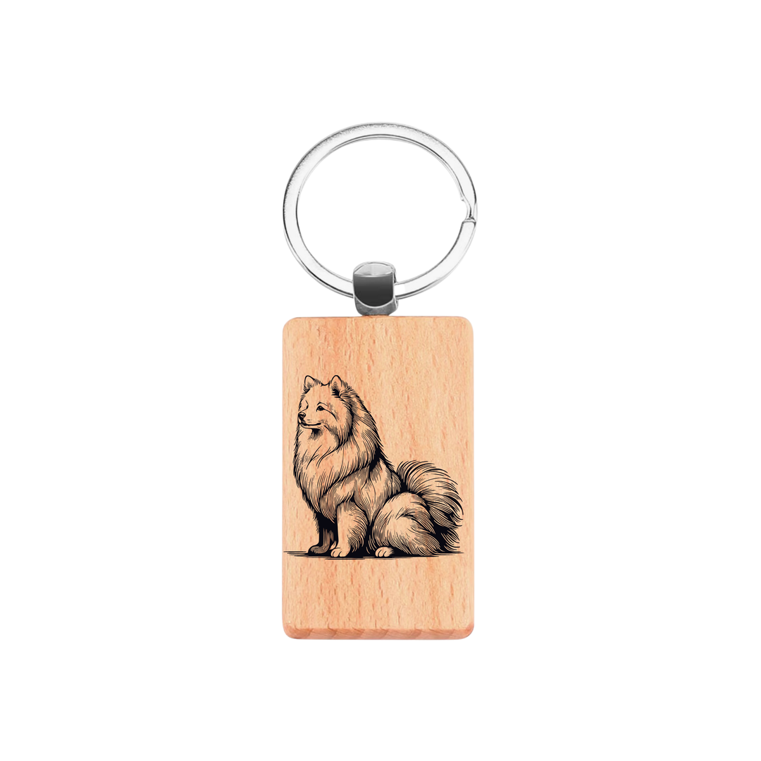 Japanese Spitz Sitting Engraved Rectangle Wooden Keyring